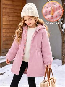 SHEIN Elladie kids 女童前拉鍊連帽燈芯絨外套，碎花抓絨內裡收腰長袖外套，甜美西式冬季兒童套裝 - 粉色 - 查看 1