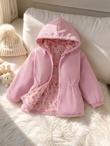 SHEIN Elladie kids 女童前拉鍊連帽燈芯絨外套，碎花抓絨內裡收腰長袖外套，甜美西式冬季兒童套裝 - 粉色 - 查看 4