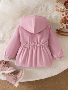 SHEIN Elladie kids 女童前拉鍊連帽燈芯絨外套，碎花抓絨內裡收腰長袖外套，甜美西式冬季兒童套裝 - 粉色 - 查看 2