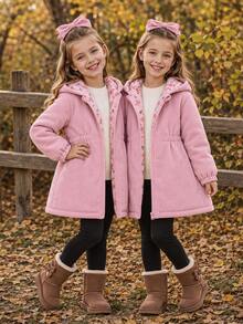 SHEIN Elladie kids 女童前拉鍊連帽燈芯絨外套，碎花抓絨內裡收腰長袖外套，甜美西式冬季兒童套裝 - 粉色 - 查看 3