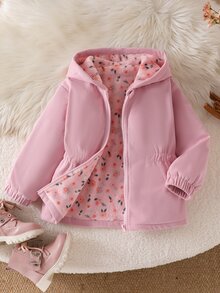 SHEIN Elladie kids 女童前拉鍊連帽燈芯絨外套，碎花抓絨內裡收腰長袖外套，甜美西式冬季兒童套裝 - 粉色 - 查看 5