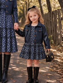 SHEIN Elladie kids Young Girl 2pcs Matching Family Outfits, Chic Brown PU Leather Notch Lapel Blazer Jacket And Dit First Birthday 7th Birthday Autumn Fall Vacation - Blue - View 4