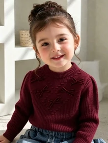 SHEIN 2026 春/秋新款 4-7 歲女童淺藍色菱格紋麻花針織套裝，3D 多色蝴蝶結圓領毛衣與長褲，小女孩針織上衣，適合上學、外出與拍照 - 酒紅色 - 查看 1