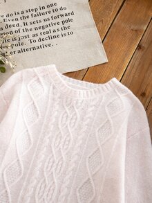 SHEIN Girls' Round Neck Cable Knit Sweater Dress, Flared Sleeves Loose Drop Shoulder Mid-Length Knit Dress, Autumn/Winter Casual Wear - Pink - View 5