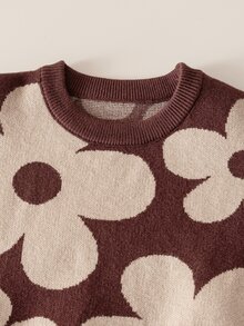 SHEIN 女嬰長袖圓領花卉針織毛衣與百褶裙套裝，棕色米色 - 棕色 - 查看 4