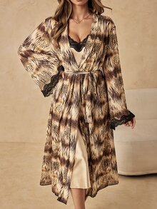 HautHeat Mature Sexy Elegant Satin Camisole Dress Leopard Print Mesh Robe Women's Sleepwear Set - Multicolor - View 5