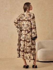 HautHeat Mature Sexy Elegant Satin Camisole Dress Leopard Print Mesh Robe Women's Sleepwear Set - Multicolor - View 4