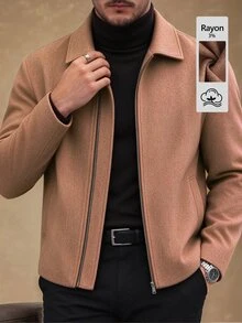 Core Aspect 2026 Spring Summer Men Camel Brown Wool‑Blend Collared Zip‑Up Short Jacket, Minimalist & Old Money R - Brown - View 4