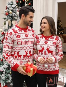 Manfinity Homme Áo len dệt jacquard cổ tròn Giáng Sinh, ấm áp không khí gia đình, trang phục đôi cha mẹ và con cái - Đỏ và trắng - Xem 1