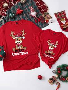 Manfinity Homme Men's Cute Deer T-Shirt, Christmas T-Shirt, Suitable For Family Gatherings, Friend Gifts - Red - View 6
