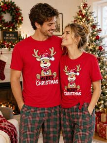 Manfinity Homme Men's Cute Deer T-Shirt, Christmas T-Shirt, Suitable For Family Gatherings, Friend Gifts - Red - View 1