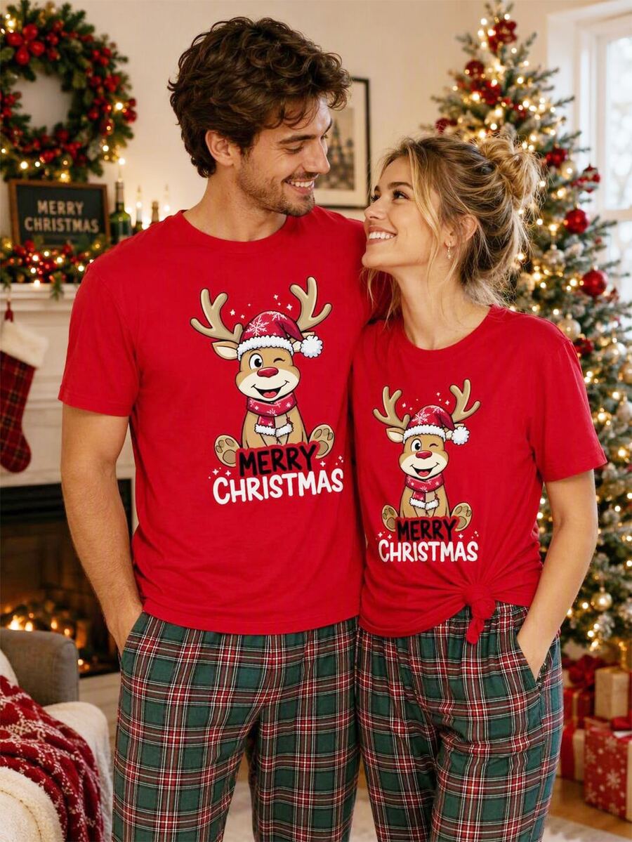 Manfinity Homme Men's Cute Deer T-Shirt, Christmas T-Shirt, Suitable For Family Gatherings, Friend Gifts - Red - View 1