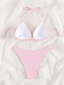SHEIN Swim Summer Beach Halter Bikini Set - Pink - View 3