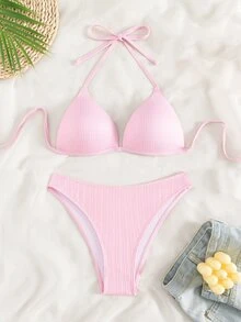 SHEIN Swim Summer Beach Halter Bikini Set - Pink - View 2