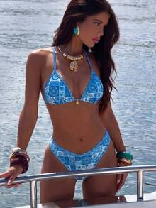 SHEIN Swim Women's Summer Random Print Spaghetti Strap High Cut Bottoms 2 Pieces Bikini Set - Multicolor - View 3