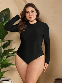 SHEIN Swim Women's Black Plain High Neck Regular Sleeve Short Burkinis Zipper Detail Plus Size - Black - View 5