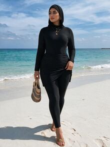 SHEIN Swim Women's Black Plain High Neck Regular Sleeve Short Burkinis Zipper Detail Plus Size - Black - View 1