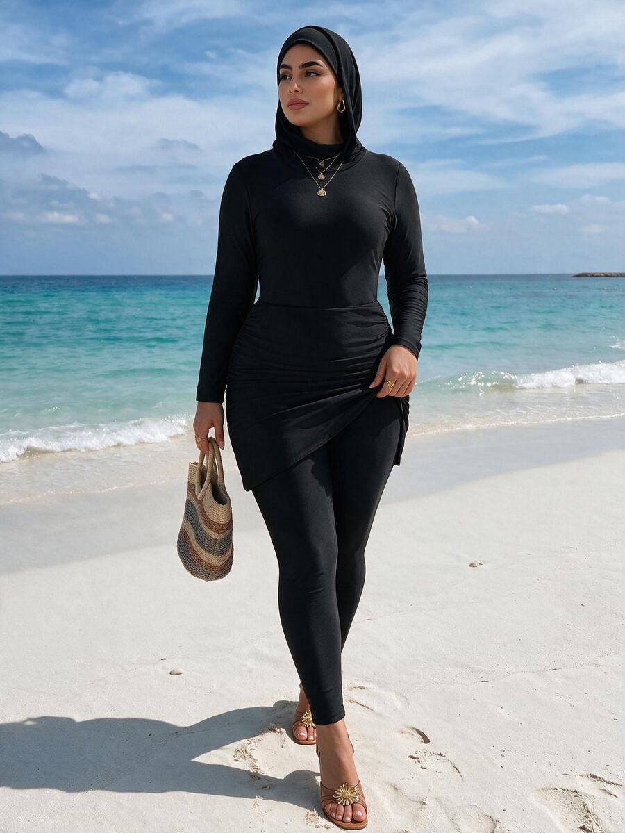 SHEIN Swim Women's Black Plain High Neck Regular Sleeve Short Burkinis Zipper Detail Plus Size - Black - View 1
