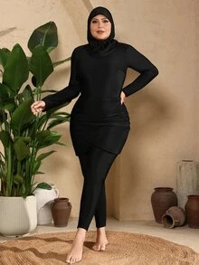 SHEIN Swim Women's Black Plain High Neck Regular Sleeve Short Burkinis Zipper Detail Plus Size - Black - View 8