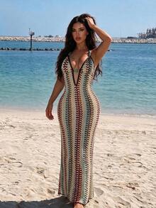 Sirith Swim Chiccia Women's Beige Summer Boho Beach Party Holiday Holiday Multicolor Hollow-Out Backless Deep V-Neck Crochet Halter Swimsuit Cover-Up - Multicolor - View 3