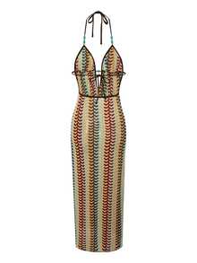 Sirith Swim Chiccia Women's Beige Summer Boho Beach Party Holiday Holiday Multicolor Hollow-Out Backless Deep V-Neck Crochet Halter Swimsuit Cover-Up - Multicolor - View 7