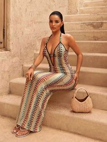 Sirith Swim Chiccia Women's Beige Summer Boho Beach Party Holiday Holiday Multicolor Hollow-Out Backless Deep V-Neck Crochet Halter Swimsuit Cover-Up - Multicolor - View 8