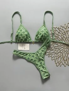 SHEIN Swim 女士随机印花细肩带性感比基尼套装，夏季 - 彩色 - 查看 2