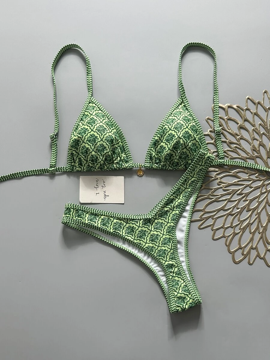 SHEIN Swim 女士随机印花细肩带性感比基尼套装,夏季 - 彩色 - 查看 1
