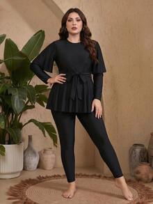 SHEIN Swim 2026 Spring/Summer New Plus Size Women Black Solid Color Casual Resort Middle East Style Bikini Swimwear Set - Black - View 7