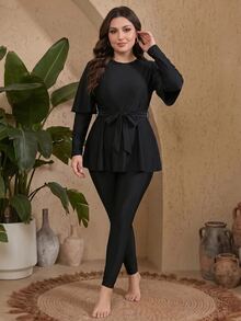 SHEIN Swim 2026 Spring/Summer New Plus Size Women Black Solid Color Casual Resort Middle East Style Bikini Swimwear Set - Black - View 6