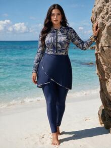 SHEIN Swim 3pcs/Set Plus Size Women Random Print Patchwork Front Zipper Long Sleeve Top Long Pants Skirt Modest 1960s Full Coverage Swimwear Set Beach Navy Blue - Navy Blue - View 2
