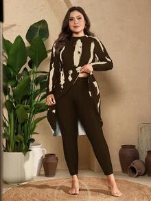 SHEIN Swim Plus Size Women Beige White Print Top Solid Long Leg Pants 2 Pieces Burkini Swimsuit Beach Vacation Party Summer Elegant Streetwear - Multicolor - View 6