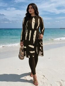 SHEIN Swim Plus Size Women Beige White Print Top Solid Long Leg Pants 2 Pieces Burkini Swimsuit Beach Vacation Party Summer Elegant Streetwear - Multicolor - View 2