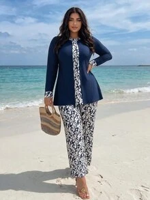 SHEIN Swim Plus Size Women Beach Burkini Set - Multicolor - View 1