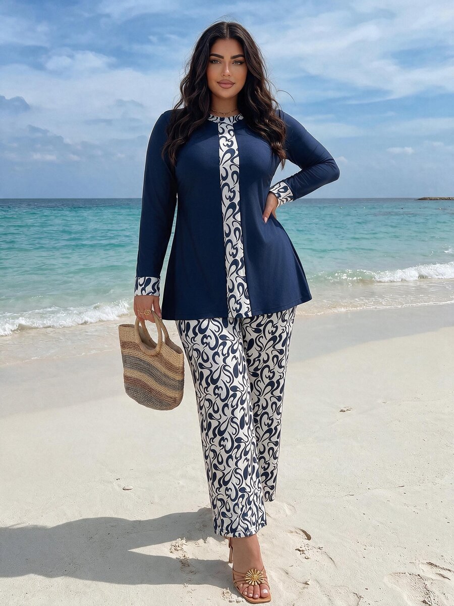 SHEIN Swim Plus Size Women Beach Burkini Set - Multicolor - View 1