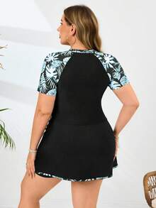 SHEIN Swim New Elegant One-Piece Swimsuit, Leaf Print Casual Vacation Swimwear For Plus Size Women - Multicolor - View 3