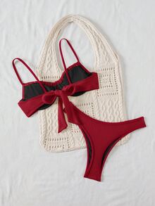 SHEIN Swim 女士纯色比基尼套装，休闲沙滩度假针织泳衣酒红色比基尼钩针比基尼套装钩针泳装女士比基尼套装红色 - 酒紅色 - 查看 3
