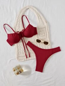 SHEIN Swim 女士纯色比基尼套装，休闲沙滩度假针织泳衣酒红色比基尼钩针比基尼套装钩针泳装女士比基尼套装红色 - 酒紅色 - 查看 4