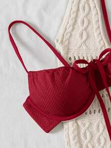 SHEIN Swim 女士纯色比基尼套装，休闲沙滩度假针织泳衣酒红色比基尼钩针比基尼套装钩针泳装女士比基尼套装红色 - 酒紅色 - 查看 5