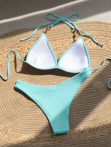 SHEIN Swim Teal Blue Bikini Set For Beach Holiday Vacation Holiday Summer Topical - Blue - View 2