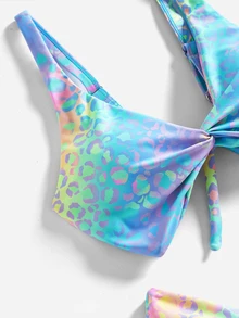 SHEIN Swim 魚鱗印花打結前面的游泳上衣和游泳下衣比基尼套裝，夏季沙灘 - 彩色 - 查看 5