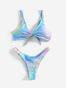 SHEIN Swim 魚鱗印花打結前面的游泳上衣和游泳下衣比基尼套裝，夏季沙灘 - 彩色 - 查看 3