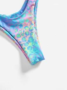 SHEIN Swim 魚鱗印花打結前面的游泳上衣和游泳下衣比基尼套裝，夏季沙灘 - 彩色 - 查看 4