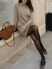 SHEIN فستان نسائي كاجوال محبوك برقبة دائرية وأكمام راجلان طويلة للاستخدام اليومي والمنزلي باللون الكاكي - بيج - مشاهدة 3