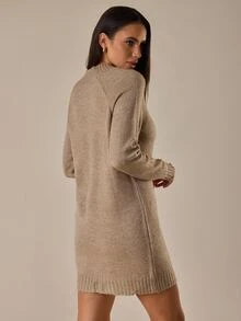 SHEIN فستان نسائي كاجوال محبوك برقبة دائرية وأكمام راجلان طويلة للاستخدام اليومي والمنزلي باللون الكاكي - بيج - مشاهدة 4