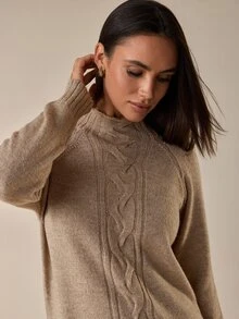 SHEIN فستان نسائي كاجوال محبوك برقبة دائرية وأكمام راجلان طويلة للاستخدام اليومي والمنزلي باللون الكاكي - بيج - مشاهدة 6