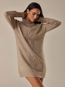 SHEIN فستان نسائي كاجوال محبوك برقبة دائرية وأكمام راجلان طويلة للاستخدام اليومي والمنزلي باللون الكاكي - بيج - مشاهدة 7
