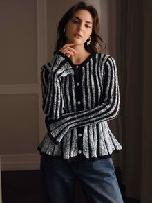 Anewsta 女款藍白條紋寬鬆舒適優雅法式針織開襟衫，適合度假與外出，春秋冬季穿著 - 黑色 - 查看 4