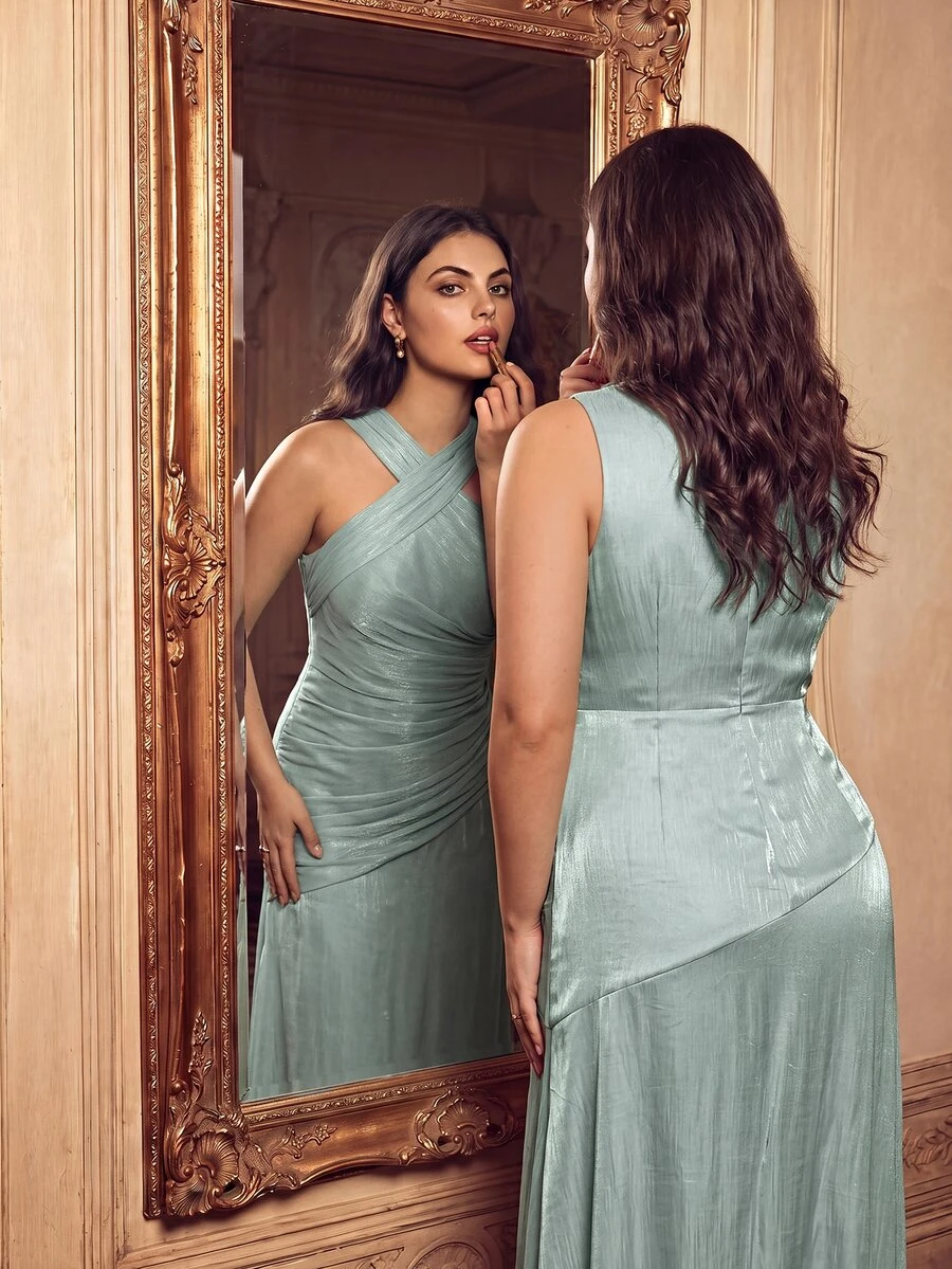 Anewsta Women's Crossover Neck Pleated Fitted Waist A-Line Shiny Elegant Party Casual Dress, Suitable For Summer Vacation - Baby Blue - View 1