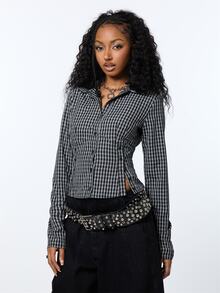 COUREZ Long Sleeve Buttons Side Detail Shirt In Check /Y2K Tops For Women Fall Clothes For Women Autumn Winter Clothes For Women Casual Going Out Tops - Black and White - View 2